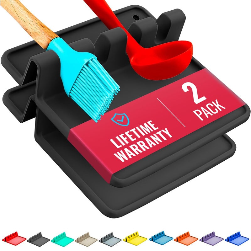 Cooler Kitchen Black Silicone Spoon Rest for Stove Top with Drip Pad (Two Pack) - Heat-Resistant, BPA-Free Utensil Rest & Spoon Holder for Kitchen Counter - Grill Utensil Holder for Spatulas - Image 1